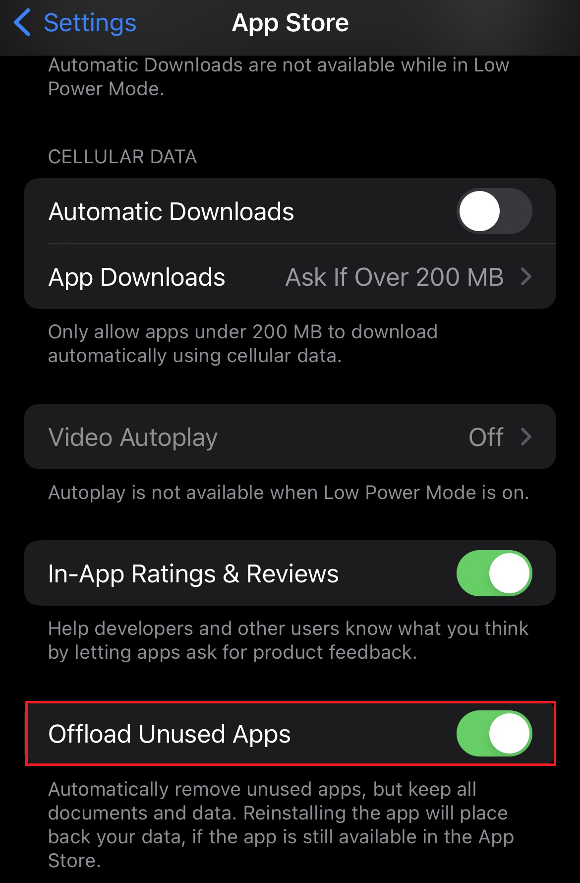 Offload Unused Apps Menu