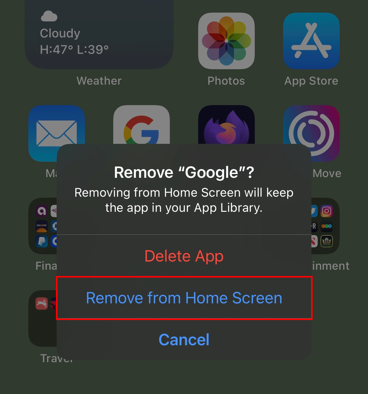 Remove from Home Screen Menu
