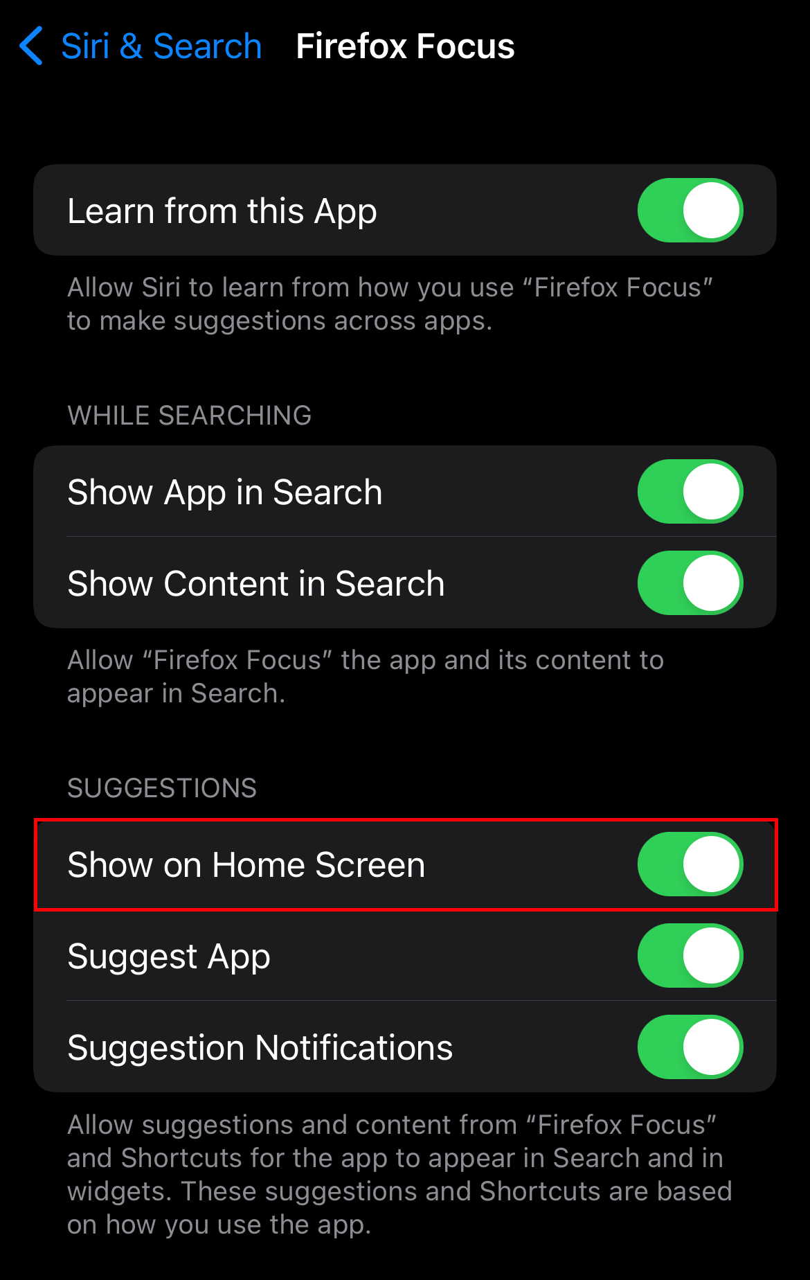 Show on Home Screen Menu