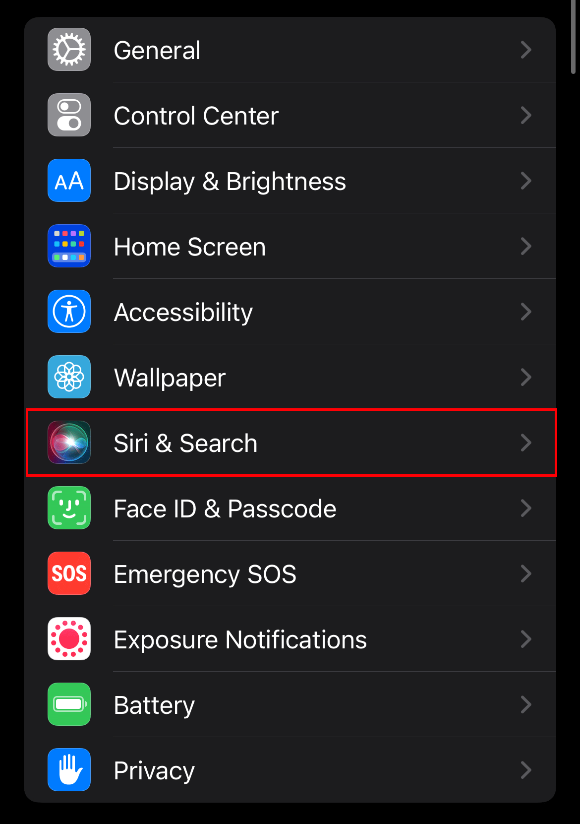 Siri & Search Menu