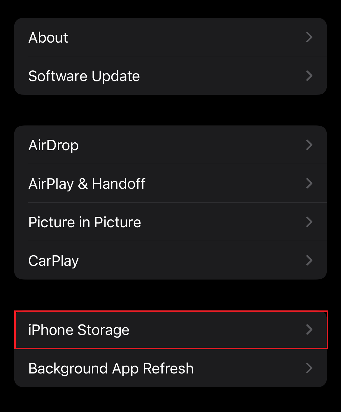 iPhone storage Menu