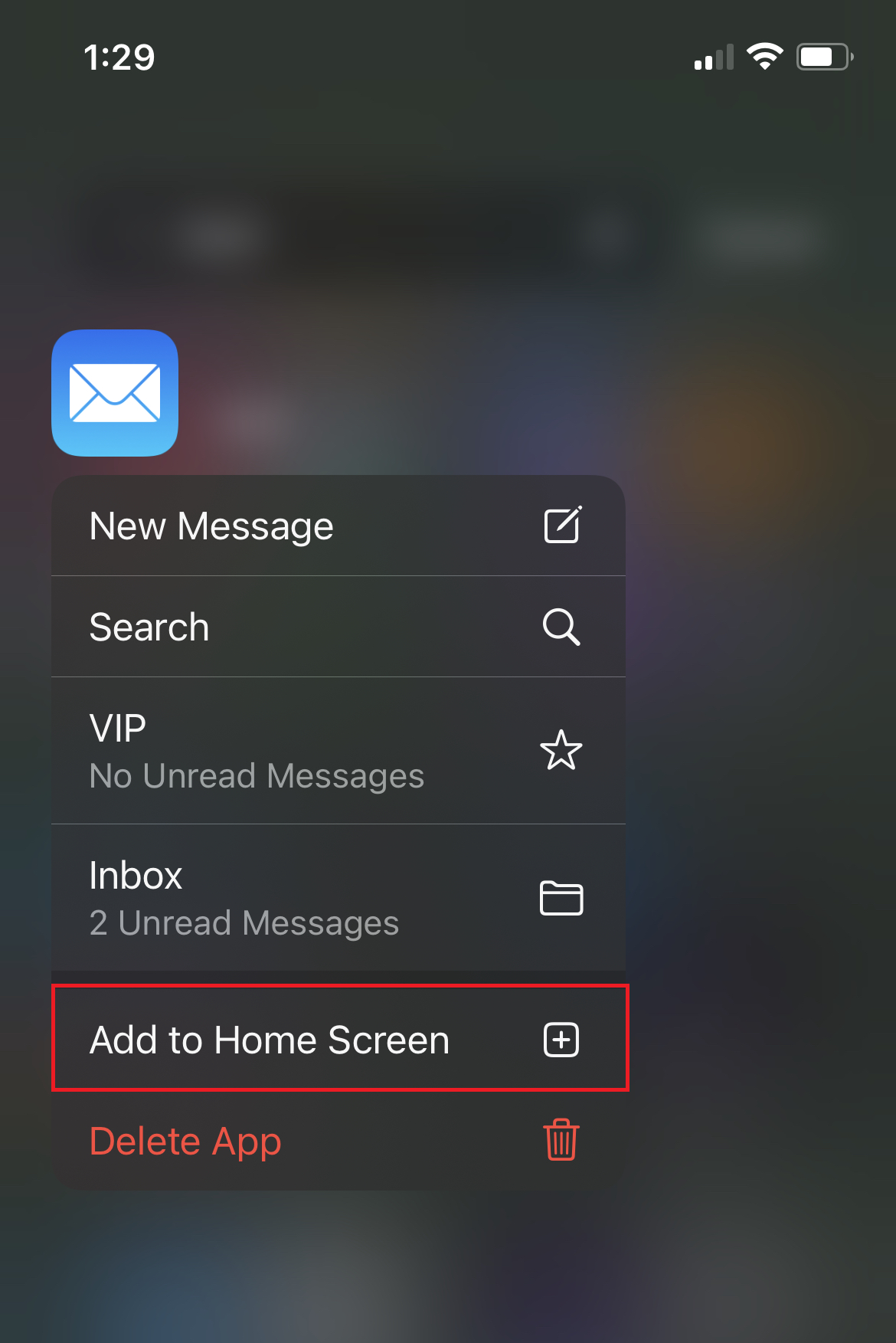 Mail Add to Home Screen Menu