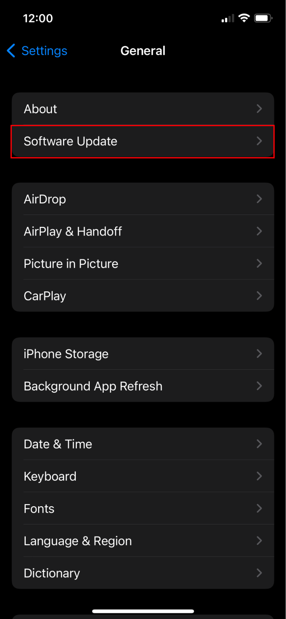 Software Update App Menu