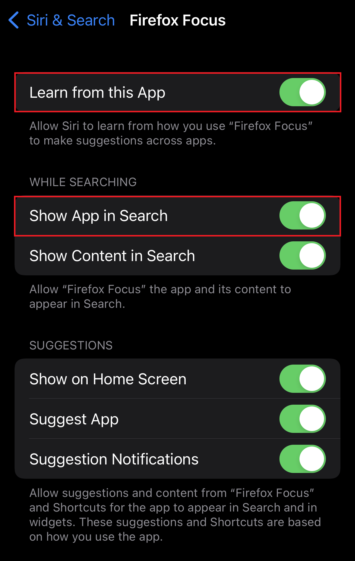 turn off show app in search