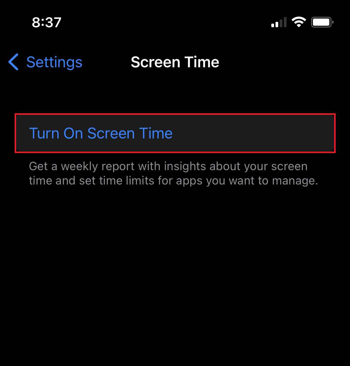 turn on screen time